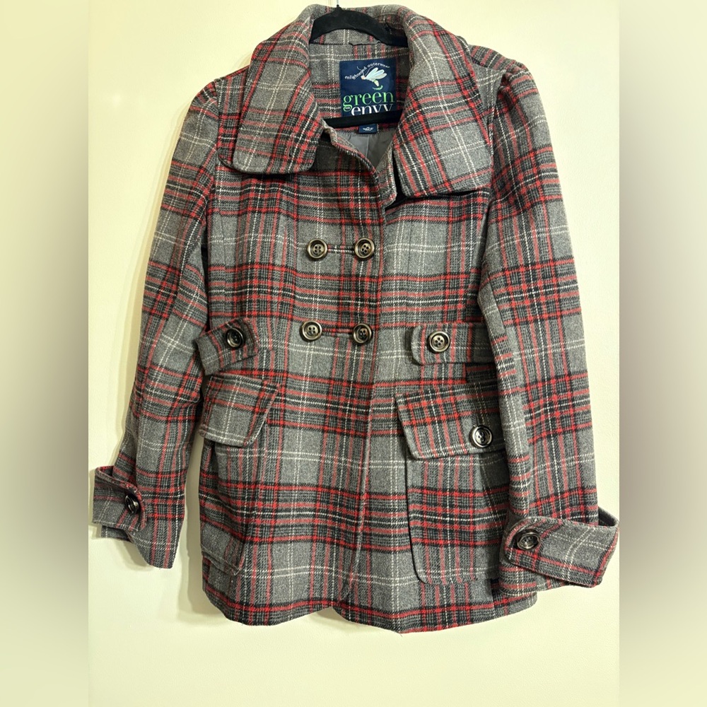 Green Envy Women's Red & Gray Plaid Pea Coat Enlightened Outerwear